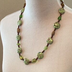 Green and Brown Mosaic Beaded Necklace with matching earrings